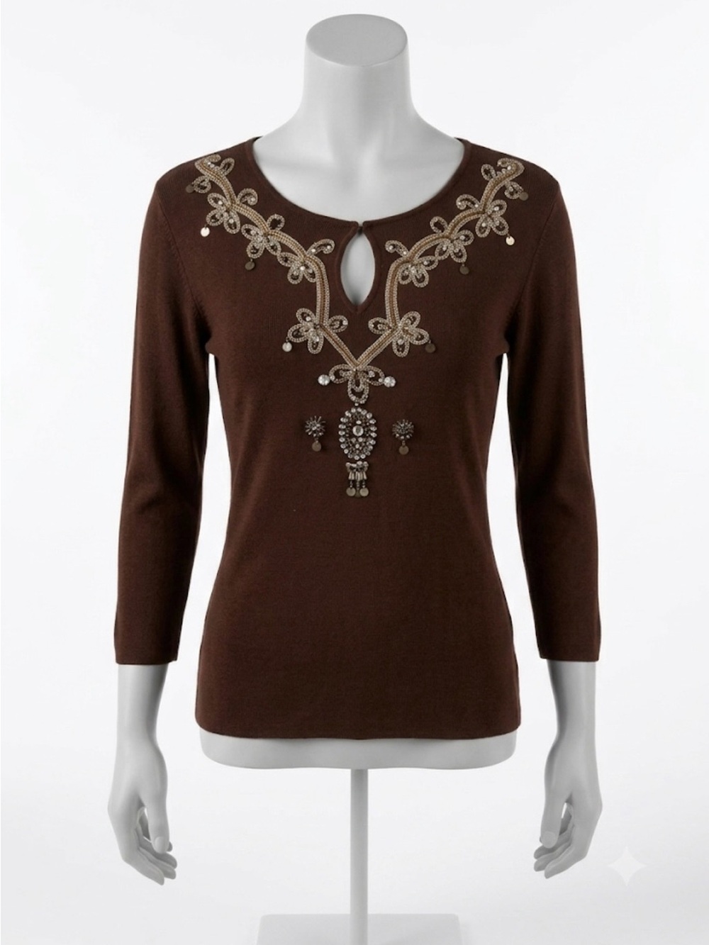 Y2K Joseph A. Embellished Brown Keyhole Neck Sweater
